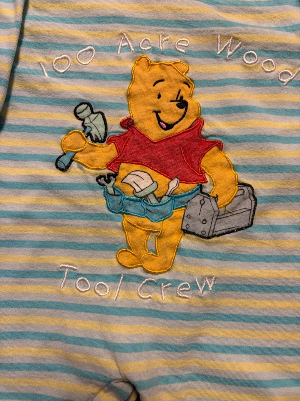 Winnie the Pooh Vintage Yellow & Blue Striped Baby Romper  Size 3-6 Months RARE
